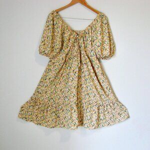 Yellow Floral Midi Dress Prairie Ditsy Babydoll Ruffle Puff Sleeve Size Large